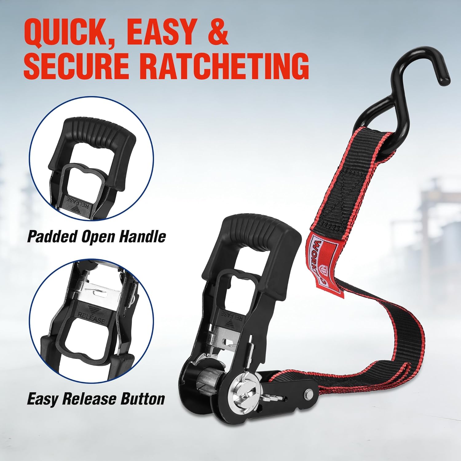 Red-and-black ratchet tie-down strap with padded open handle and easy-release button