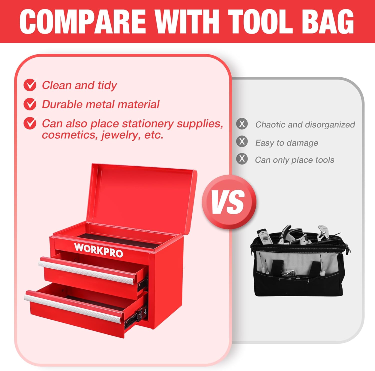 Red metal mini toolbox with open lid and two pull-out drawers