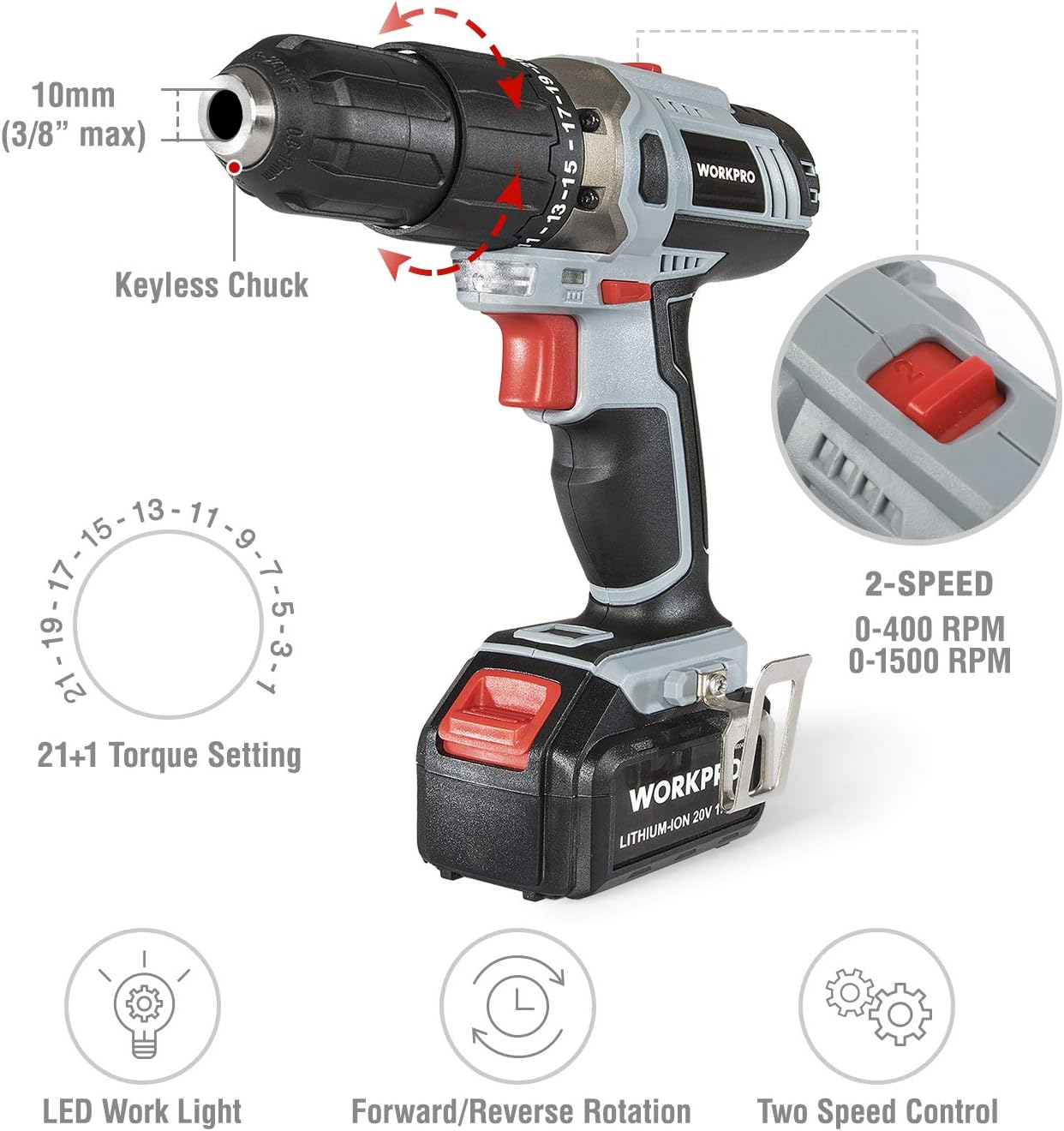 WORKPRO 2-speed cordless drill/driver with keyless chuck and battery pack