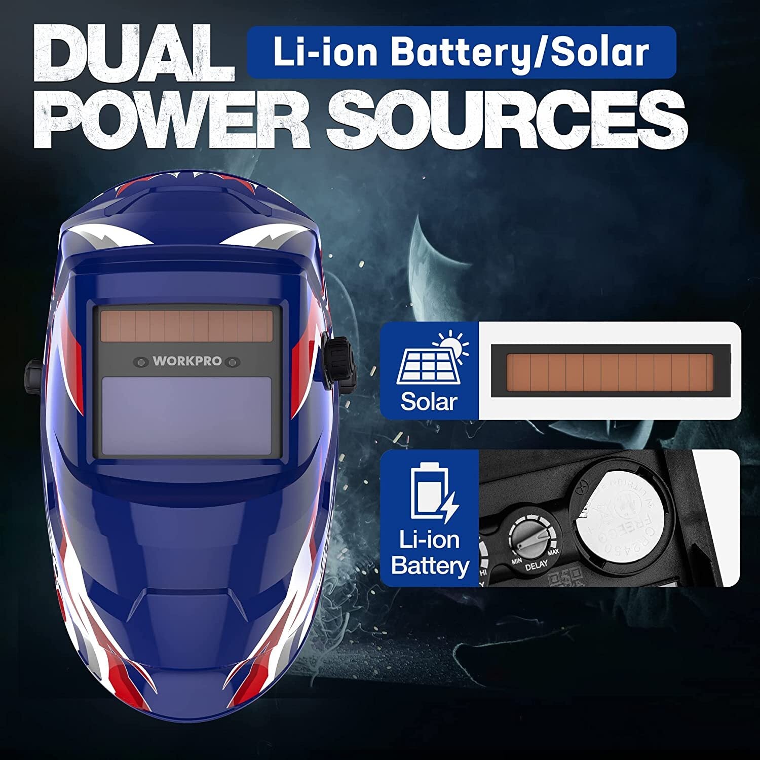 WORKPRO Welding Helmet True Color Auto Darkening 2 ARC Sensors in blue with innovation, quality, and durable build
