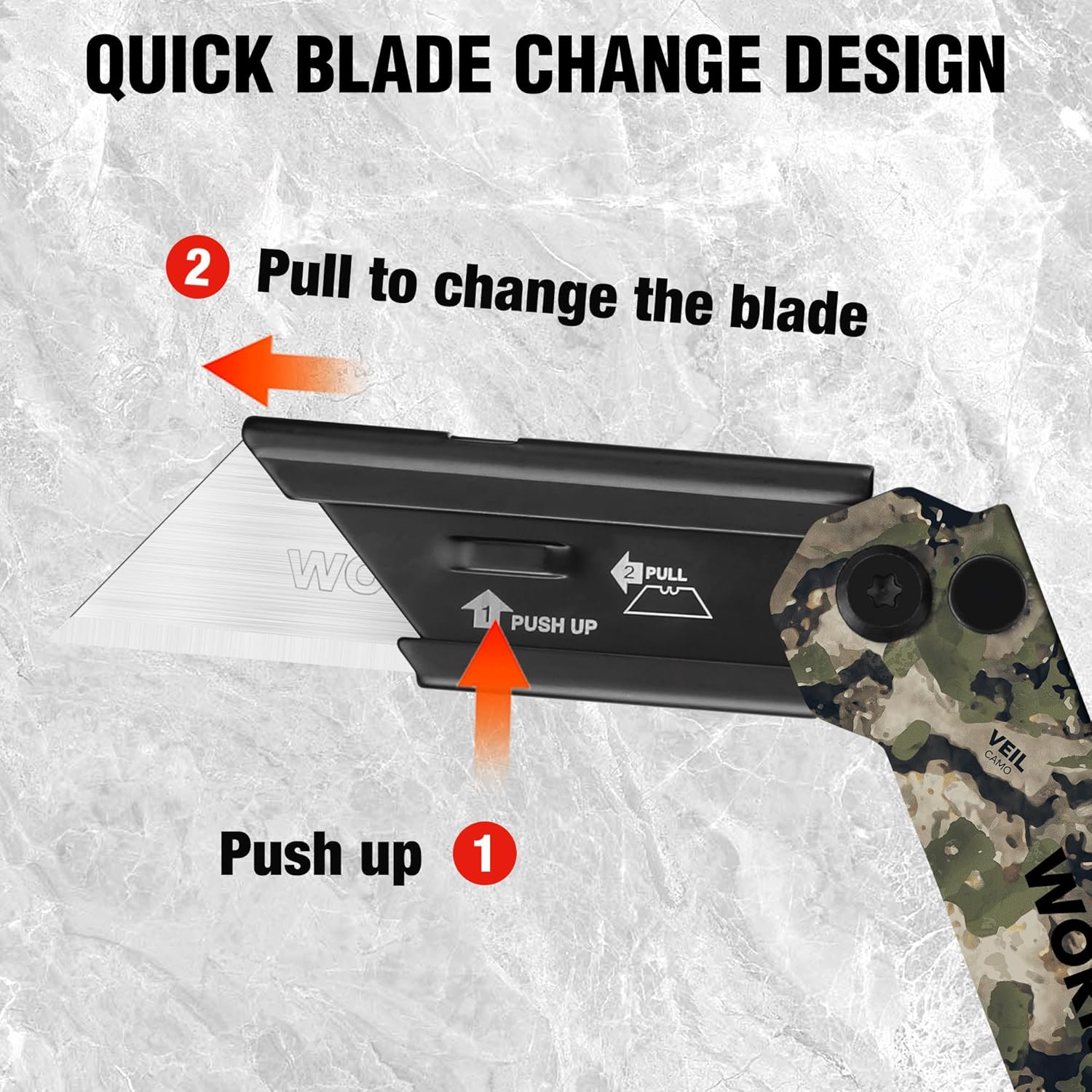 Camo folding utility knife showing push-up blade release and pull-to-change mechanism