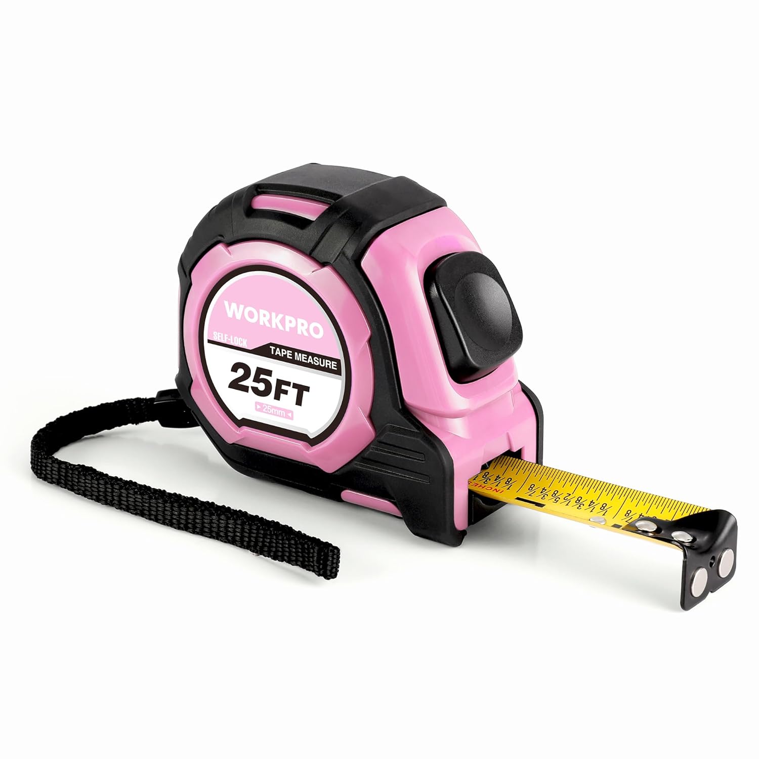 WORKPRO pink auto-lock tape measure with black case, yellow blade, and metal magnetic hook