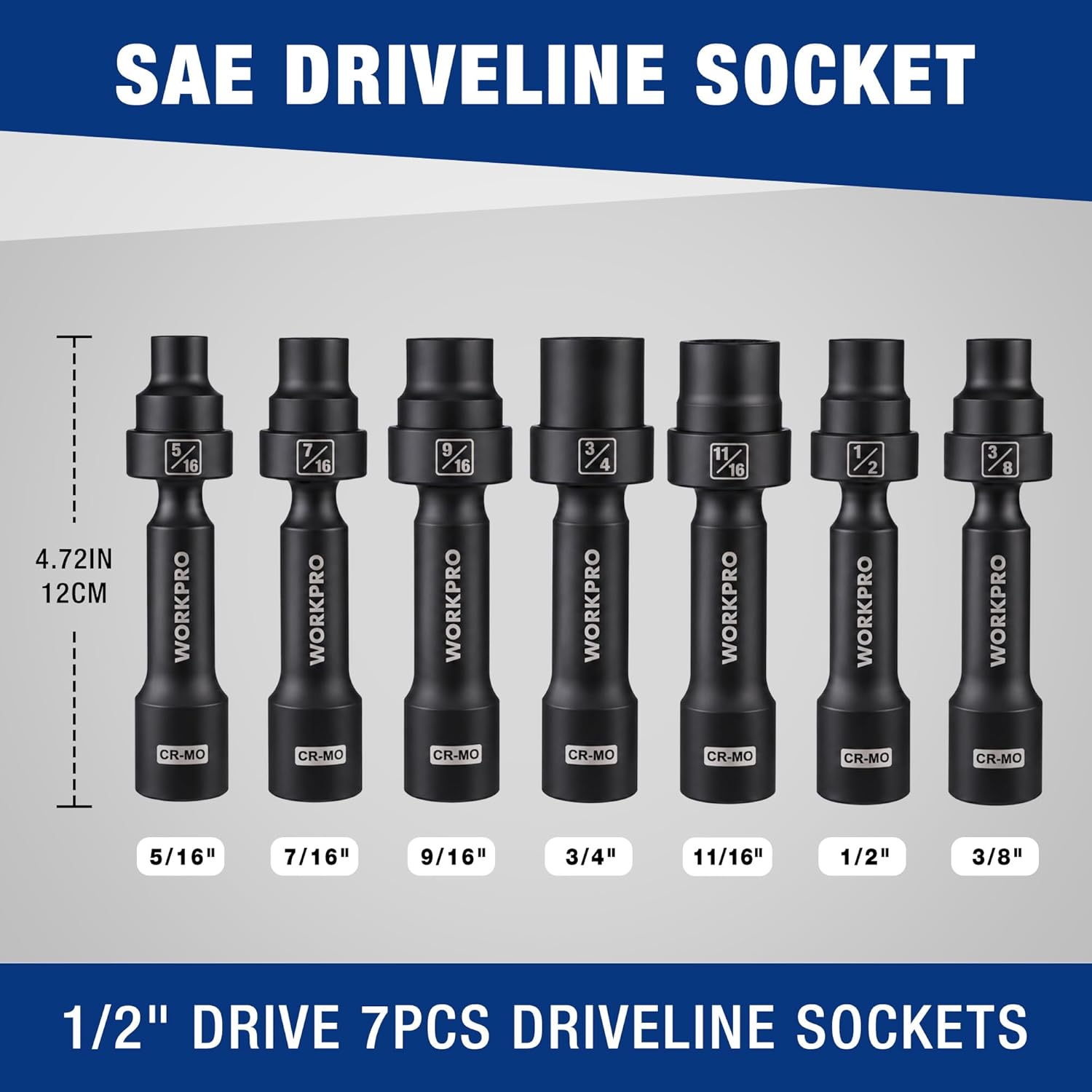 Set of seven 1/2-inch drive 12-point driveline sockets, black with size markings