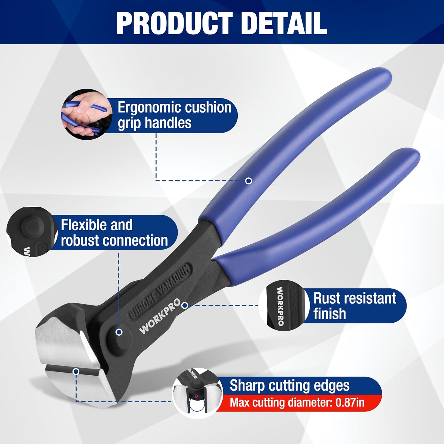 WORKPRO end cutting nipper with black jaws and blue ergonomic grip handles