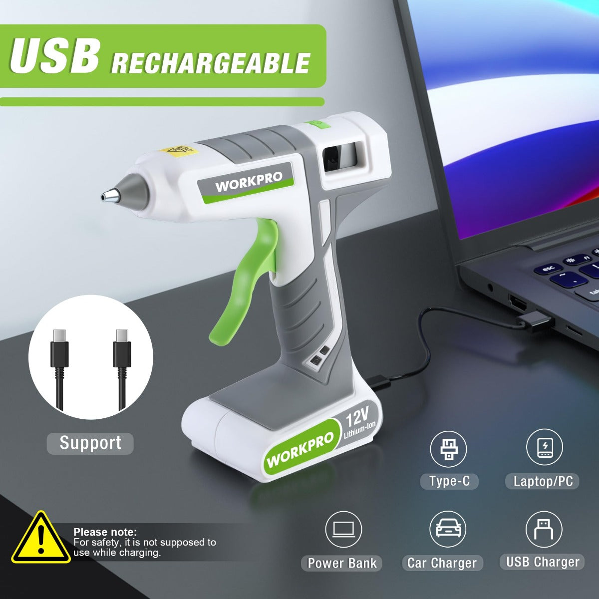 White and green cordless hot melt glue gun on base with trigger
