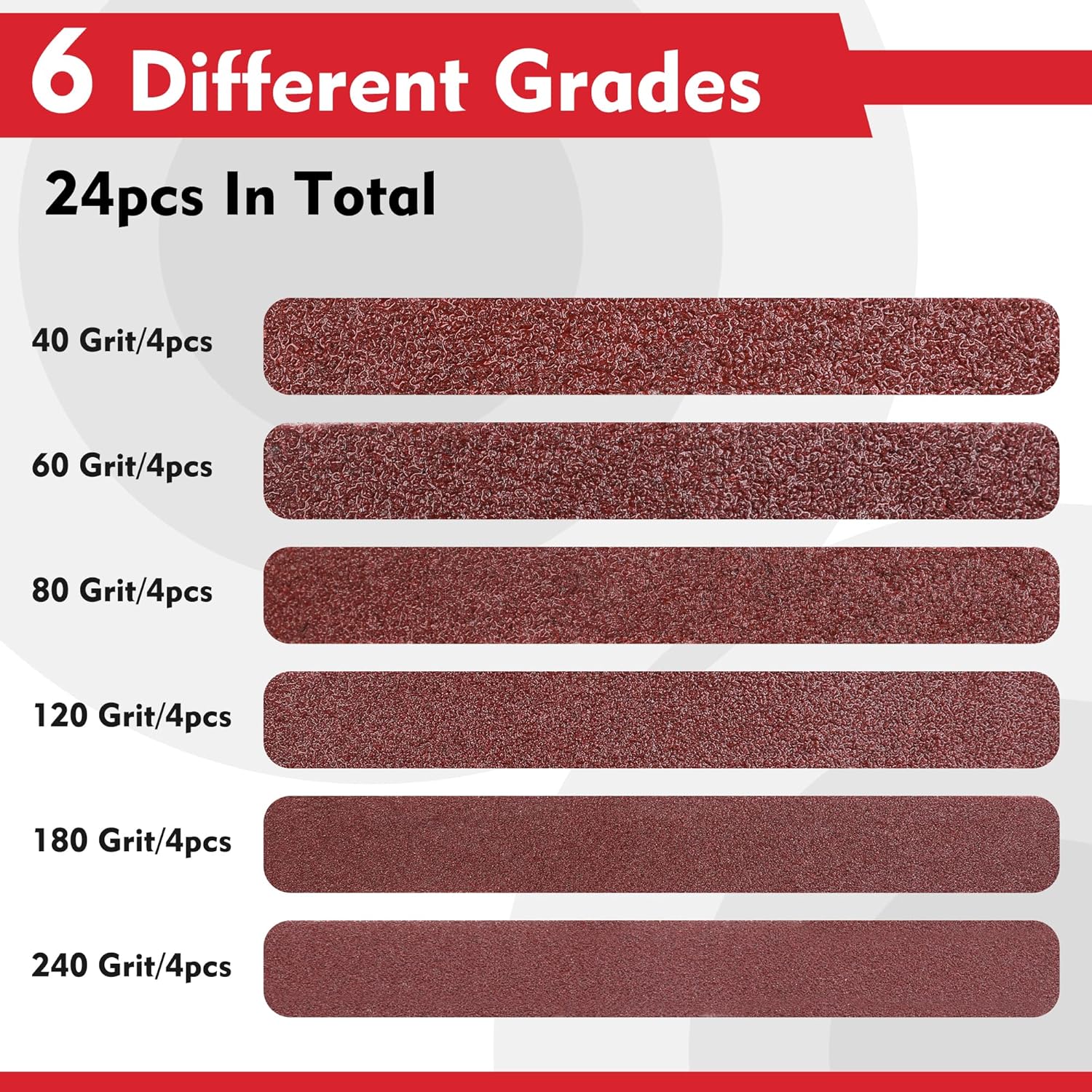 Red sanding belt strips showing six grades: 40, 60, 80, 120, 180, 240 grit