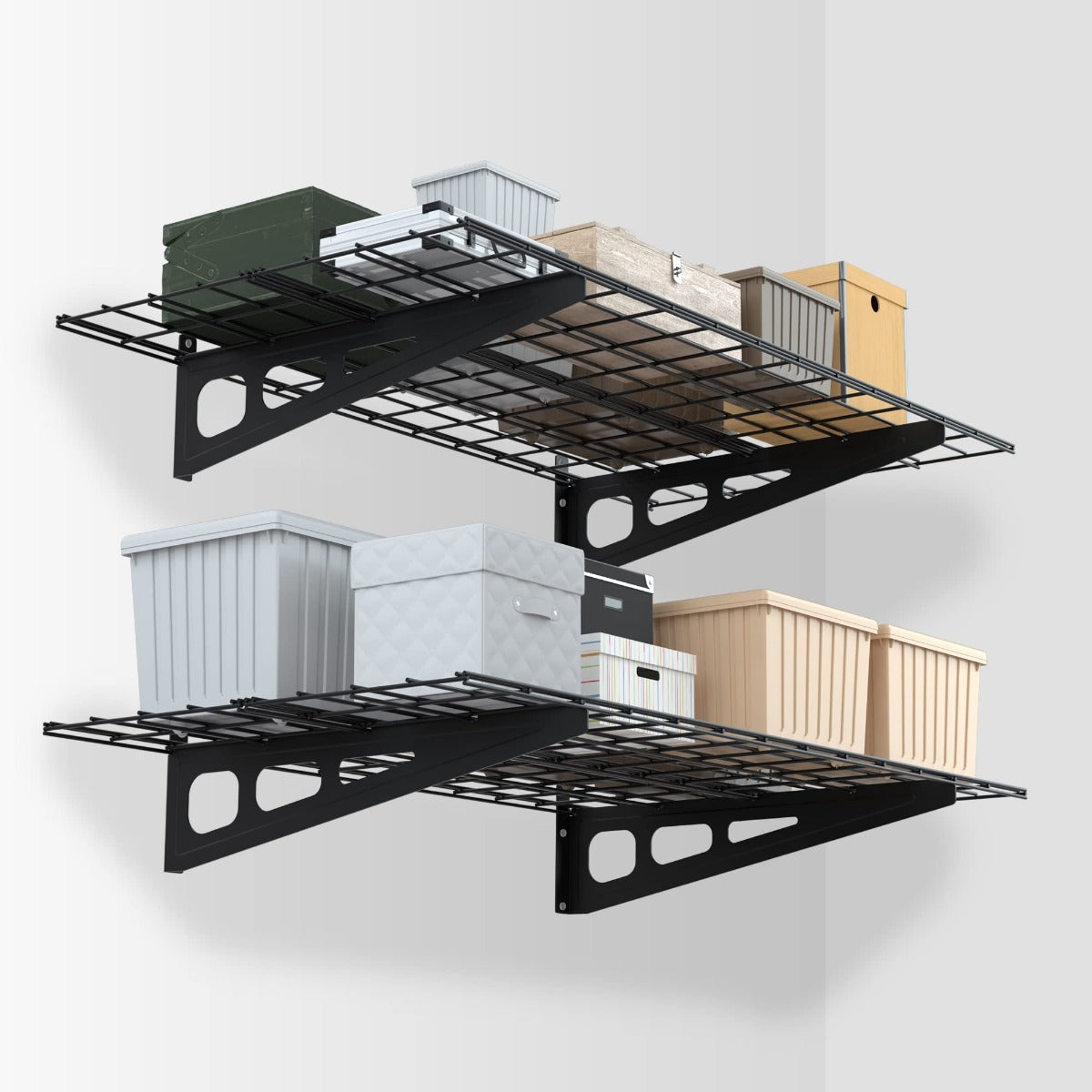 Black 2-pack wall mounted shelving with two wire platforms and heavy steel brackets