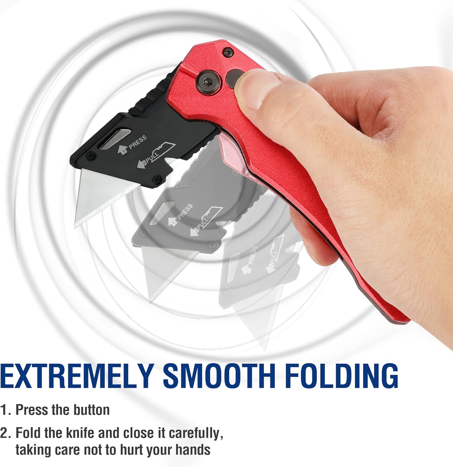 Folding utility knife held in hand with exposed metal blade for cutting