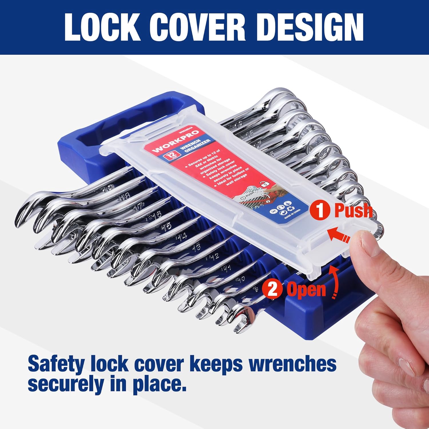Wrench organizer with safety lock cover keeps stored wrenches secure