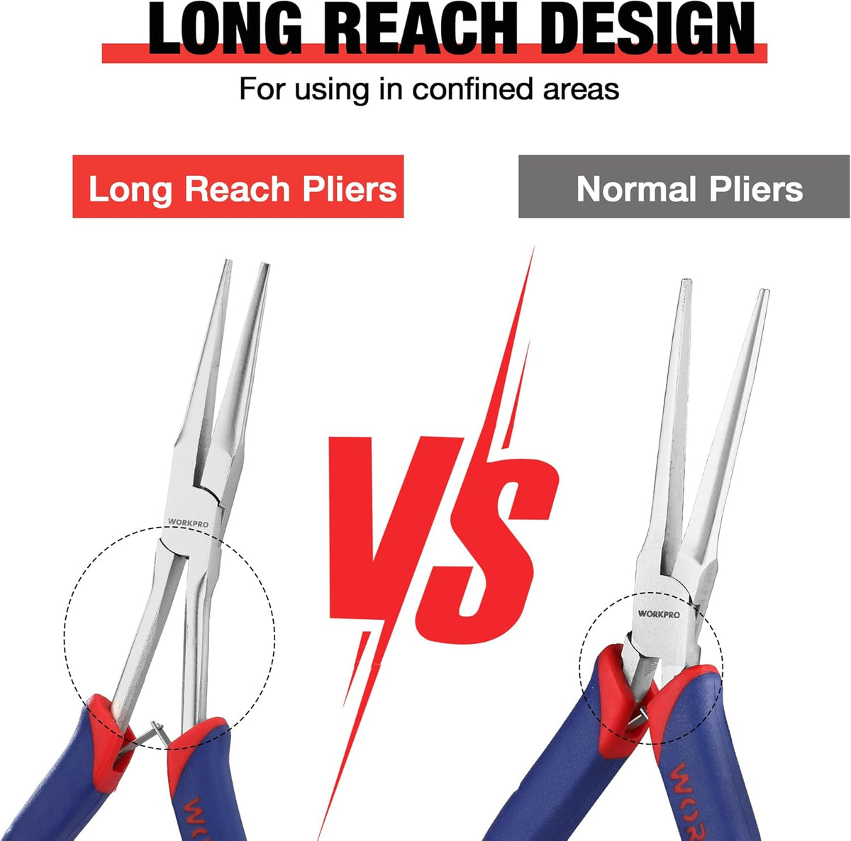 Long-reach needle-nose pliers with narrow tips and blue-red ergonomic handles