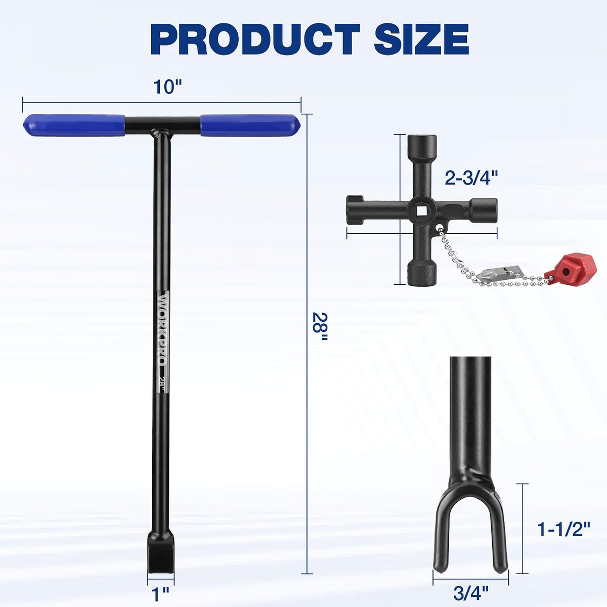Water meter shutoff key with extended shaft, blue T-handle, and four-way head