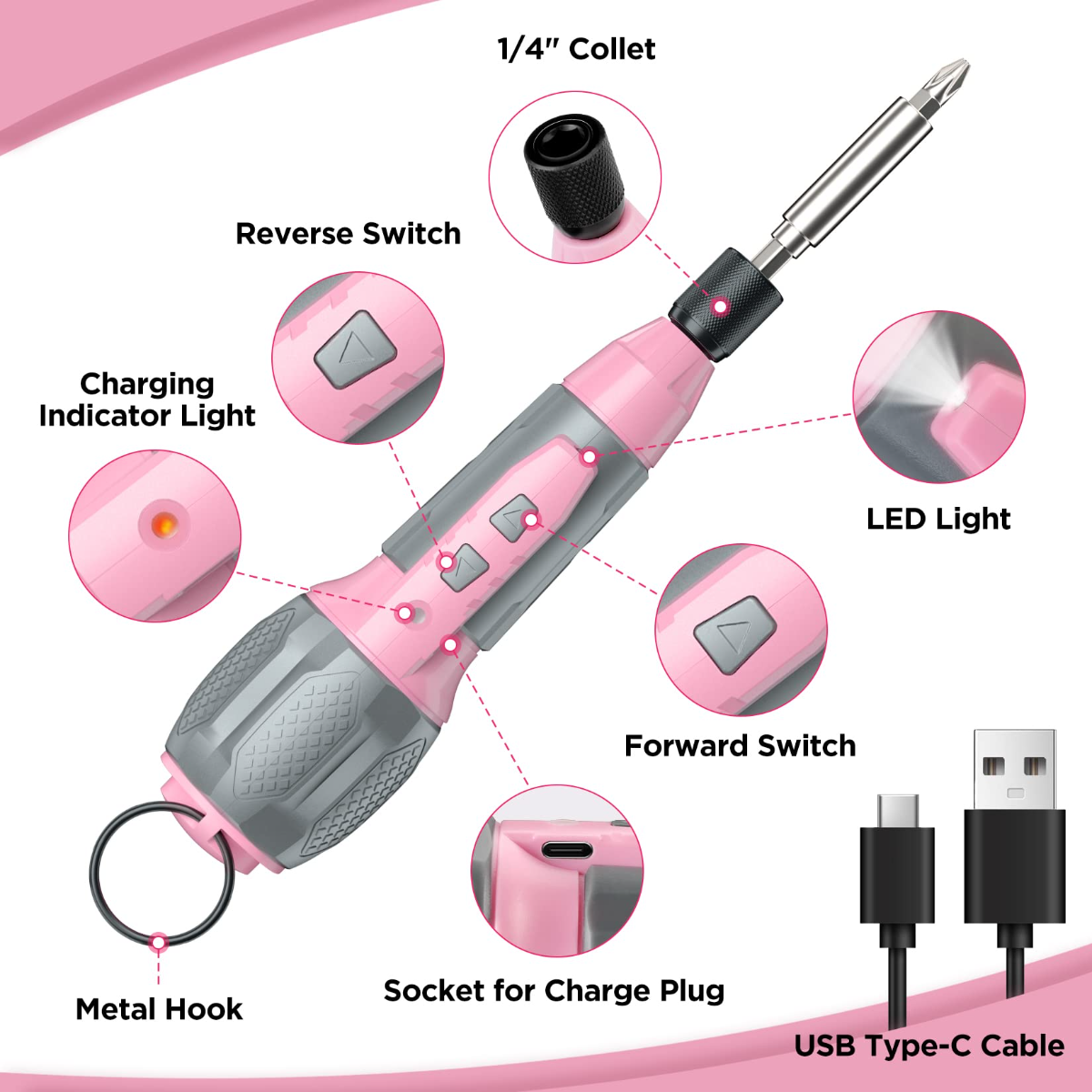 Pink cordless 4V screwdriver with LED light and forward/reverse switches, USB charging port