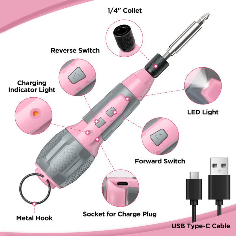 WORKPRO Cordless 4V USB Rechargeable Lithium-ion Battery Screwdriver Kit - Pink Ribbon