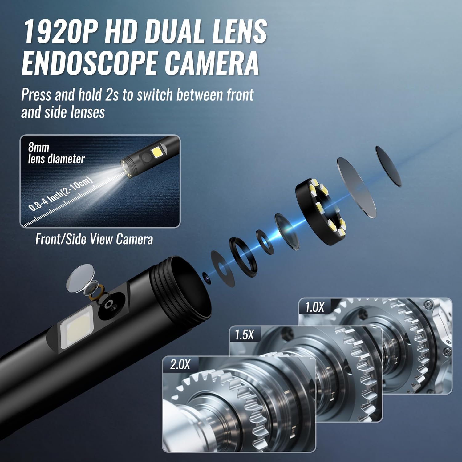 Dual-lens endoscope camera with black probe and adjustable zoom viewing preview