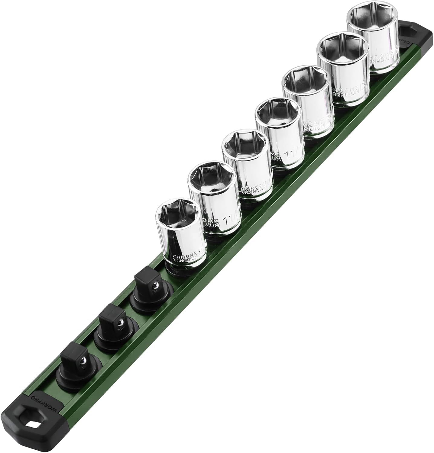 Green magnetic socket organizer rail with black clips and silver sockets attached