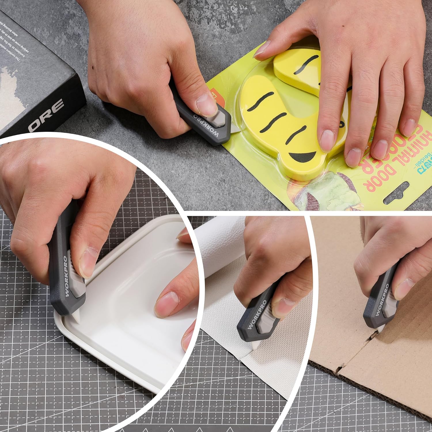 Retractable safety box cutter used to cut cardboard on a gridded cutting mat