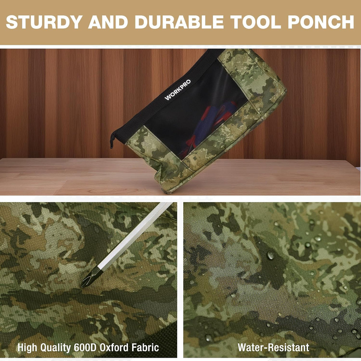 WORKPRO 12" Tool Pouches with Zipper, Heavy-Duty Small Tool Bag, Utility small tool pouch for Tool Organizers and Storage, Mini Tool Bag, 3 Pack, Camo