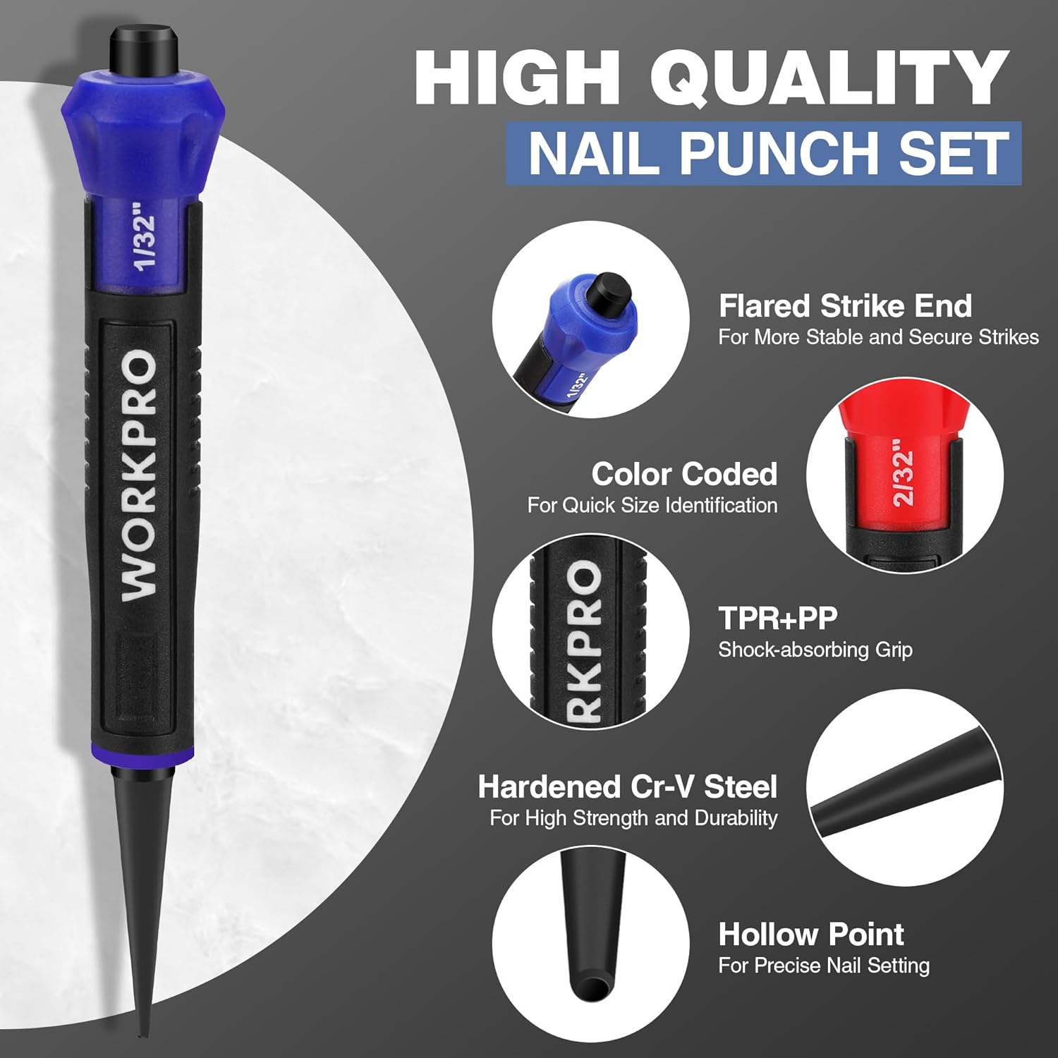 Color-coded nail punch set tool with blue grip, marked 1/32", pointed tip