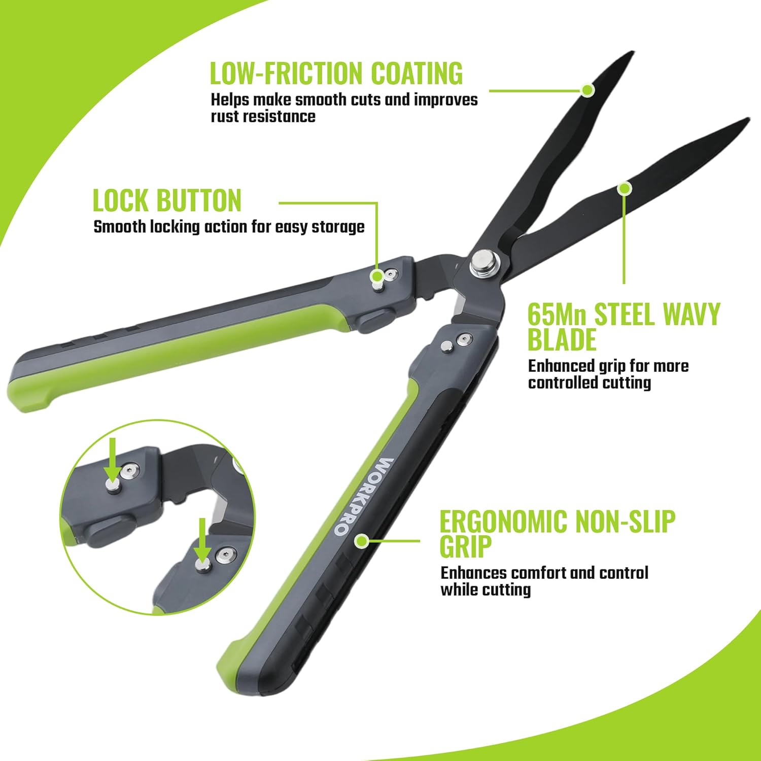 Manual hedge trimmer with wavy blade, lock button, and green non-slip grips