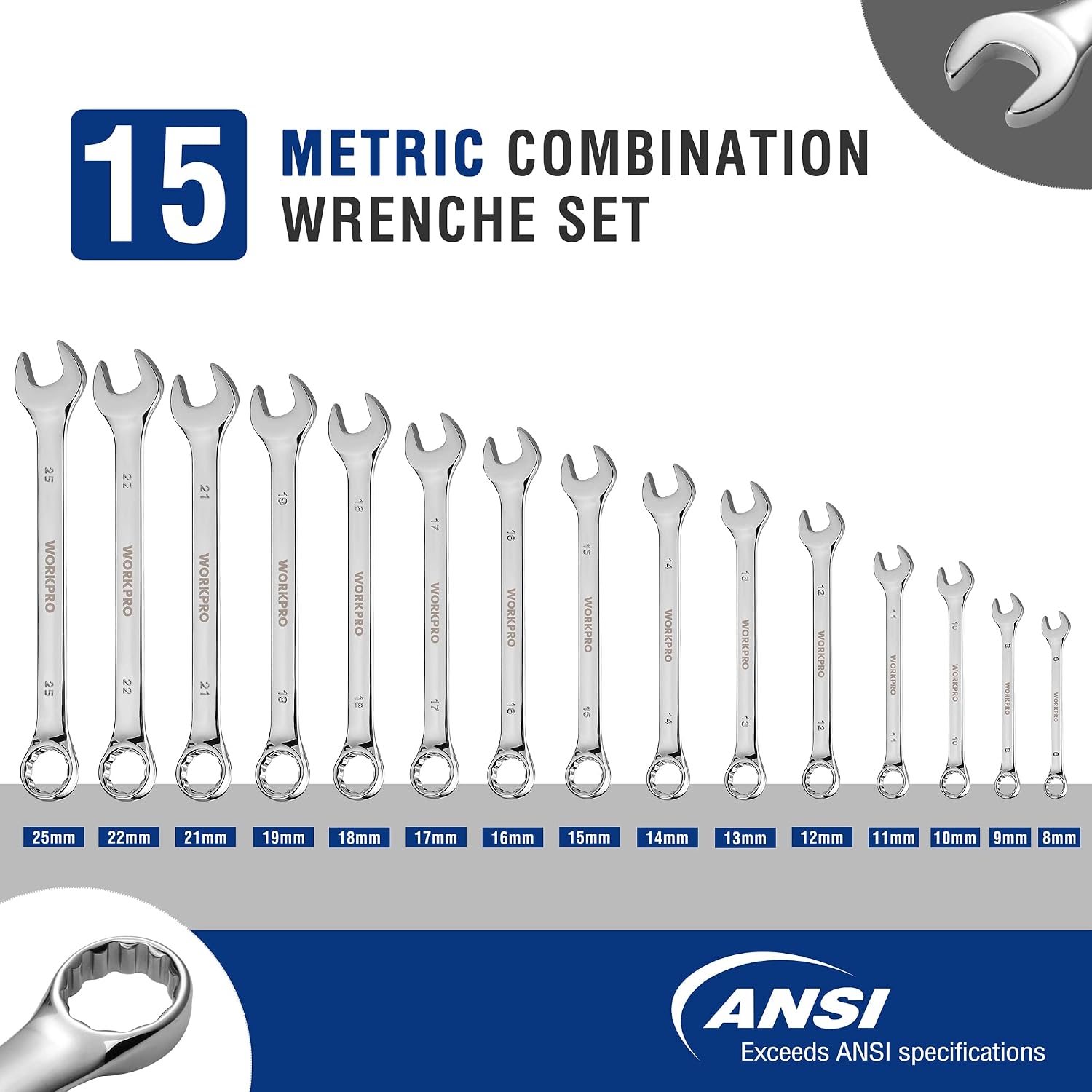 15 metric combination wrenches lined up, open end and box end with clear size markings.