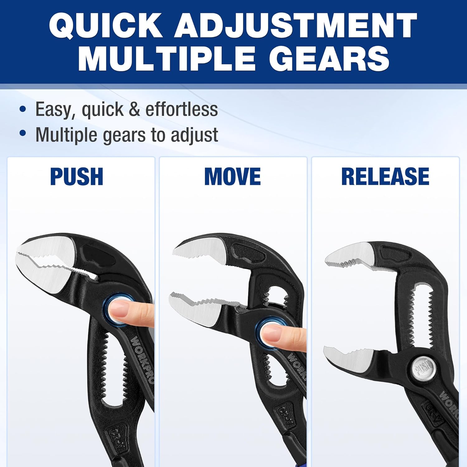 Quick-adjust water pump pliers with multi-gear mechanism, V-jaws, and push-release