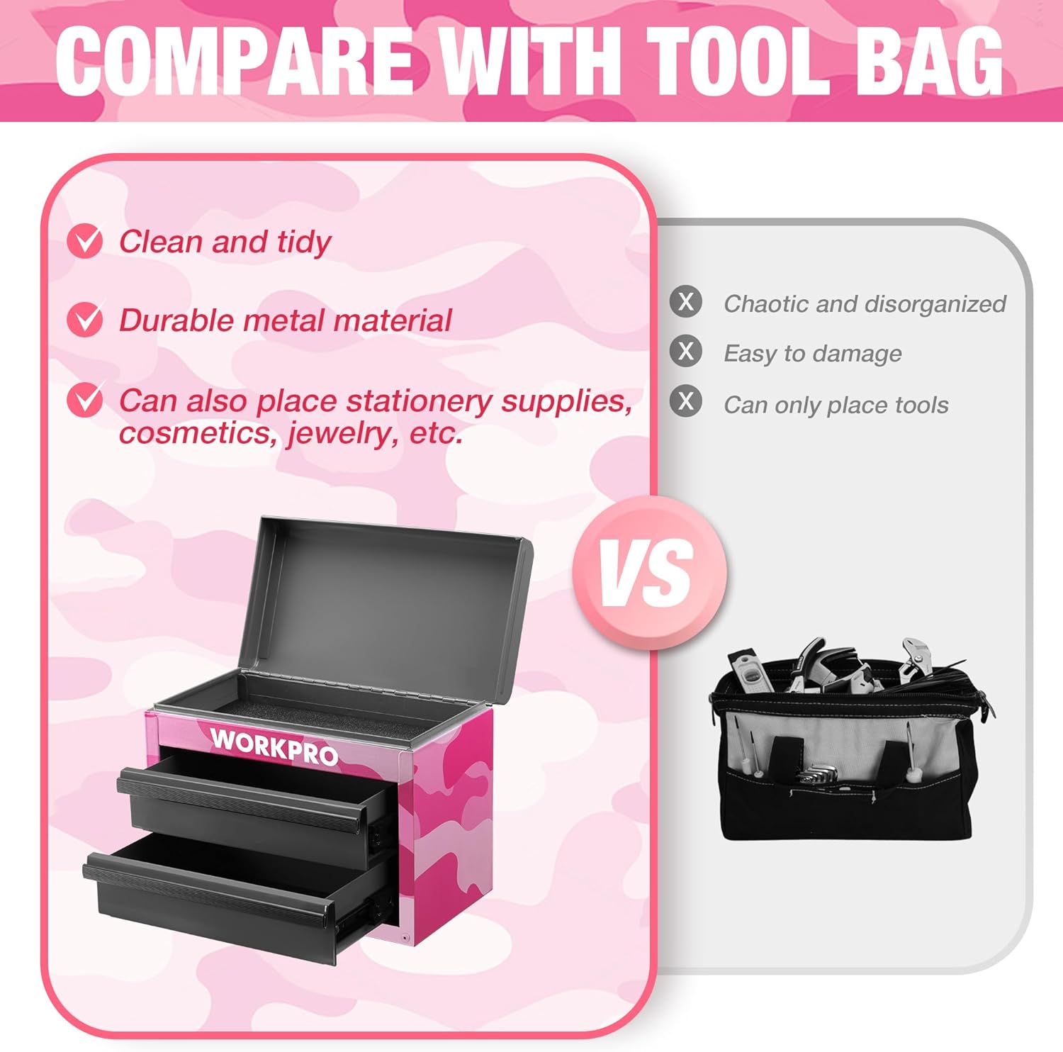 Pink camo metal tool chest with open top and two black drawers for organized storage