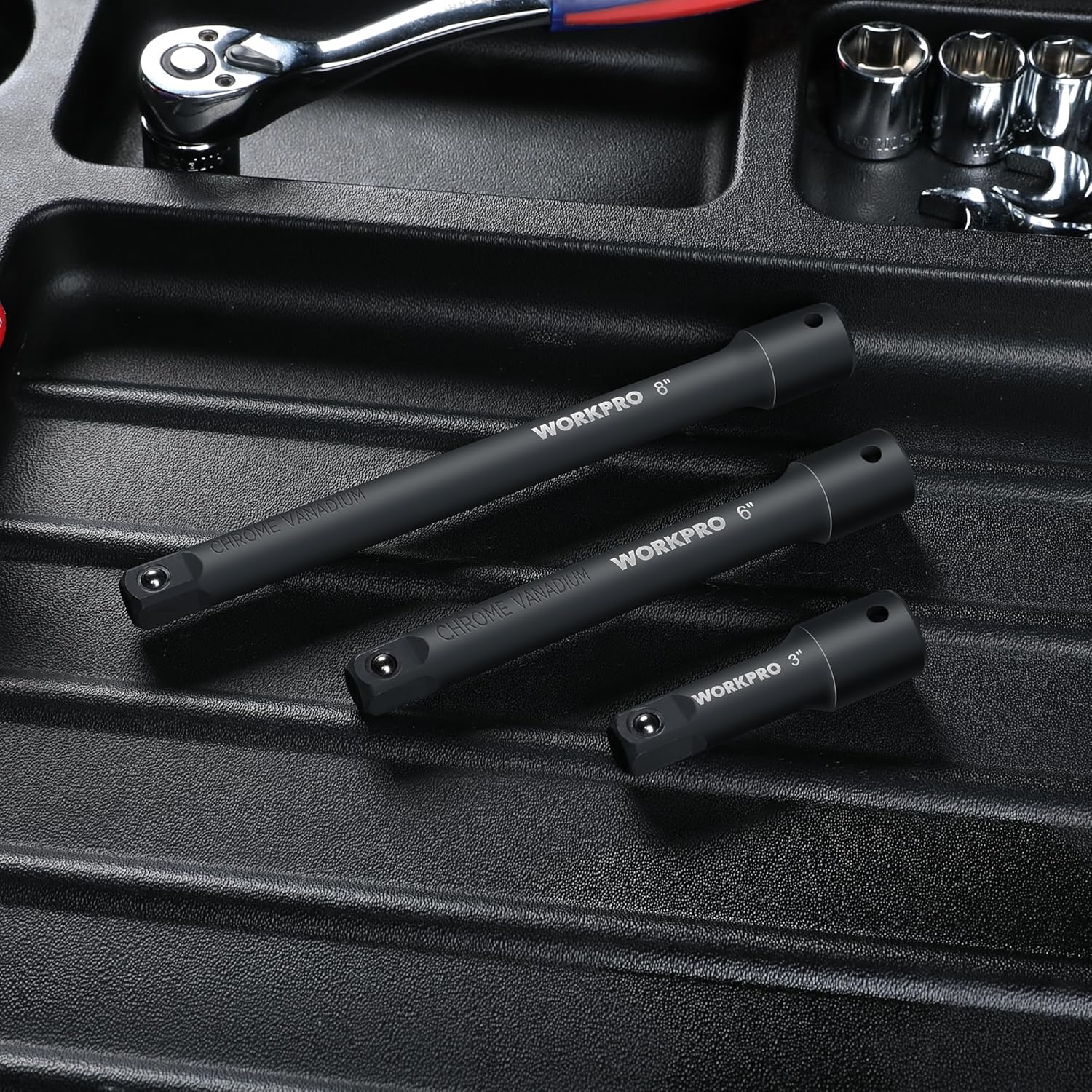 WORKPRO 1/2-in drive extension bars, black phosphate finish, 3, 6, 8 in lengths