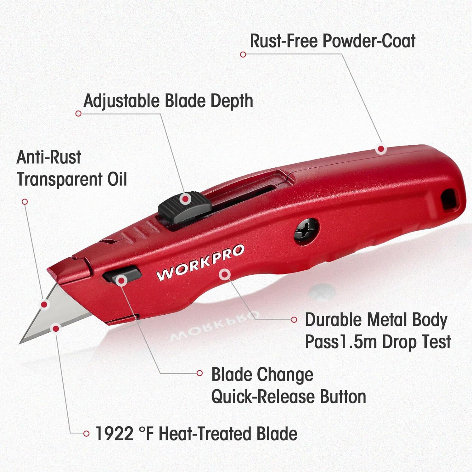 WORKPRO red retractable utility knife with adjustable blade depth and metal body
