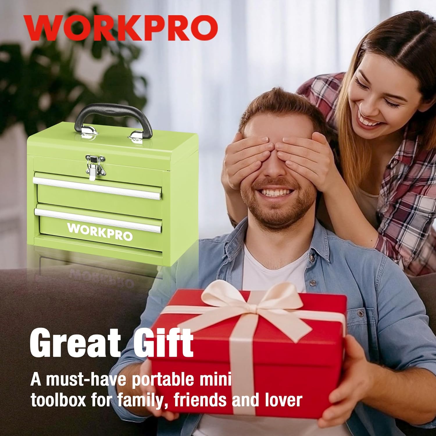 Lime green portable mini tool box with black carry handle, two drawers and latch