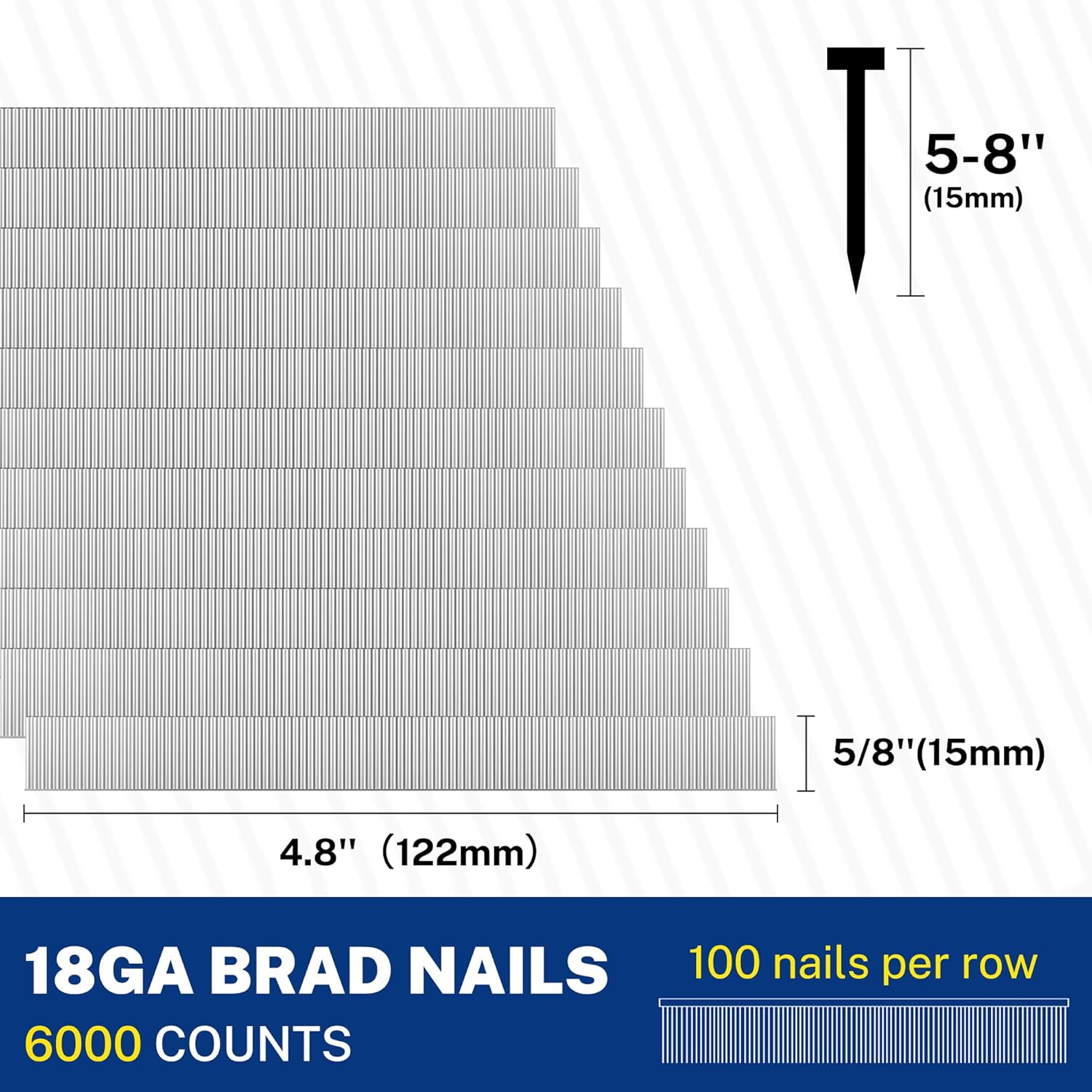 18-gauge brad nails, 5/8 in galvanized nail strips in a stacked bundle