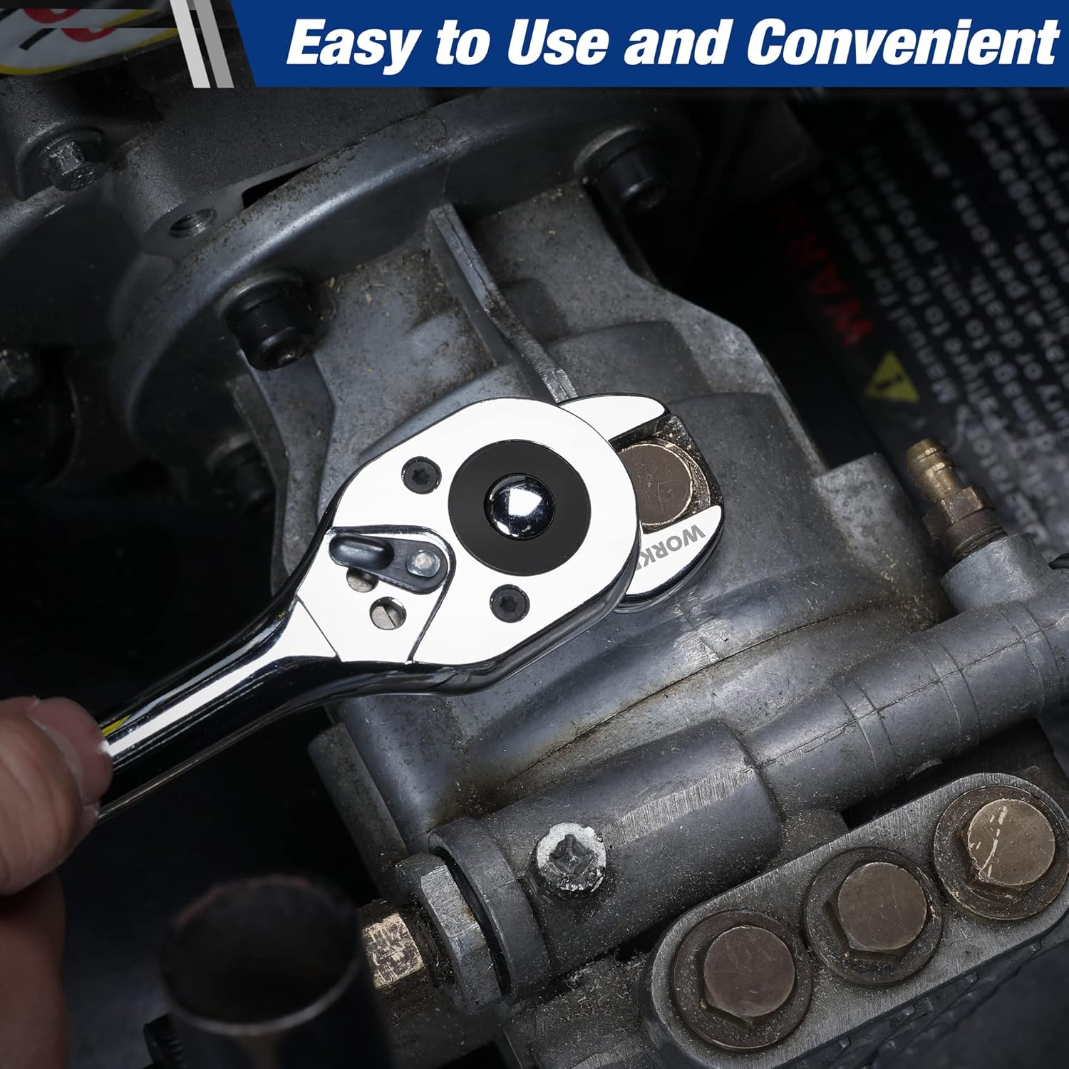 3/8-inch drive crowfoot wrench tool engaged on a vehicle component near bolts.