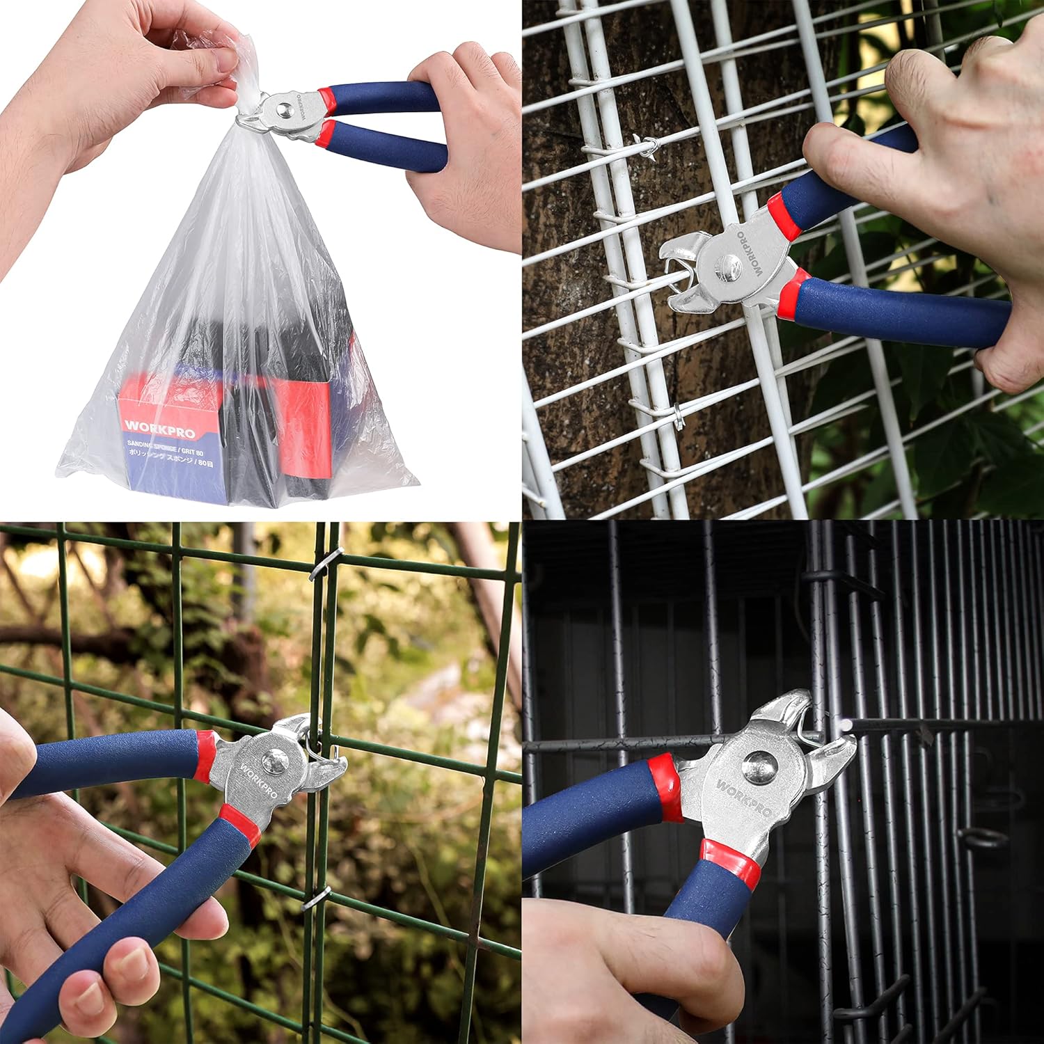 Hog ring pliers fastening hog rings to wire fencing with blue-red handles