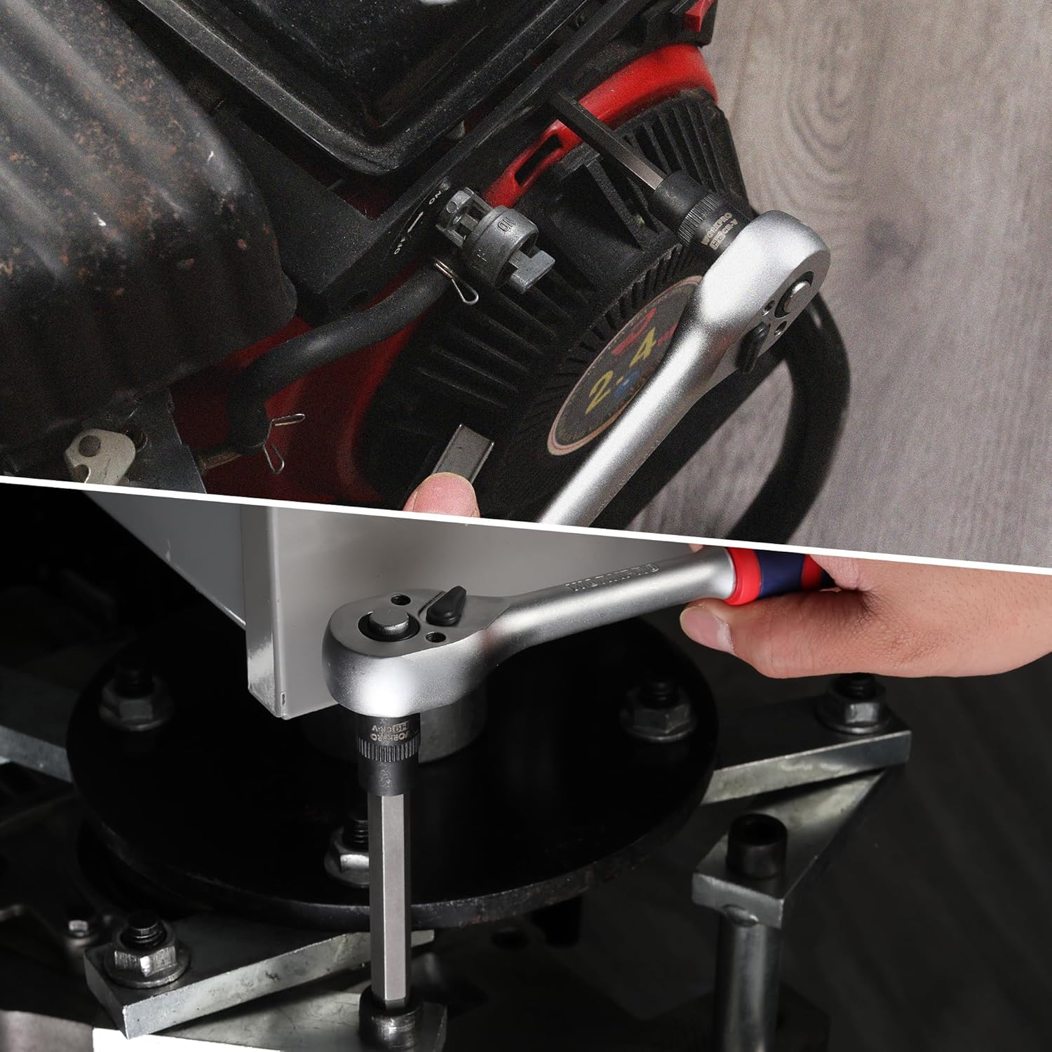 Long bit socket tool in use tightening a fastener on a metal machine part
