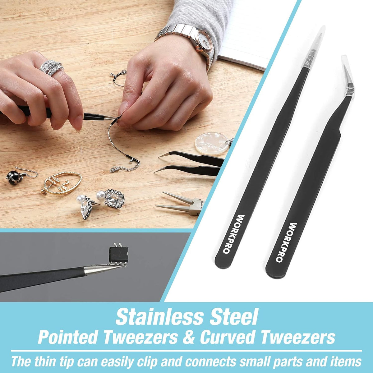 Jewelry tools for beading: pointed and curved tweezers and pliers with hands at work