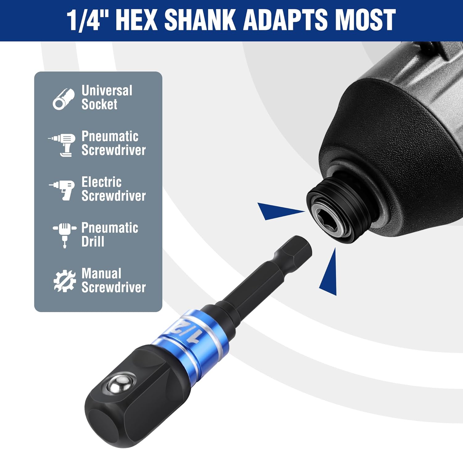1/4-inch hex shank socket adapter bit with impact drive connection and blue ring