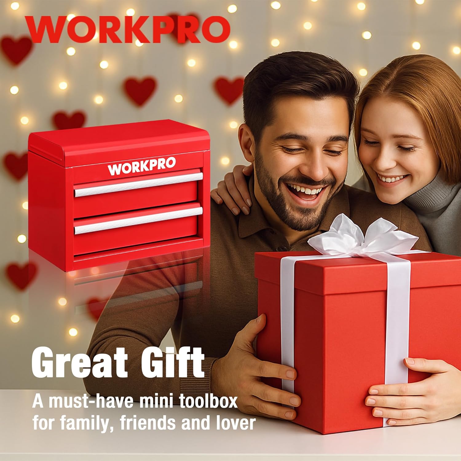 Red WORKPRO mini toolbox on table with lid closed