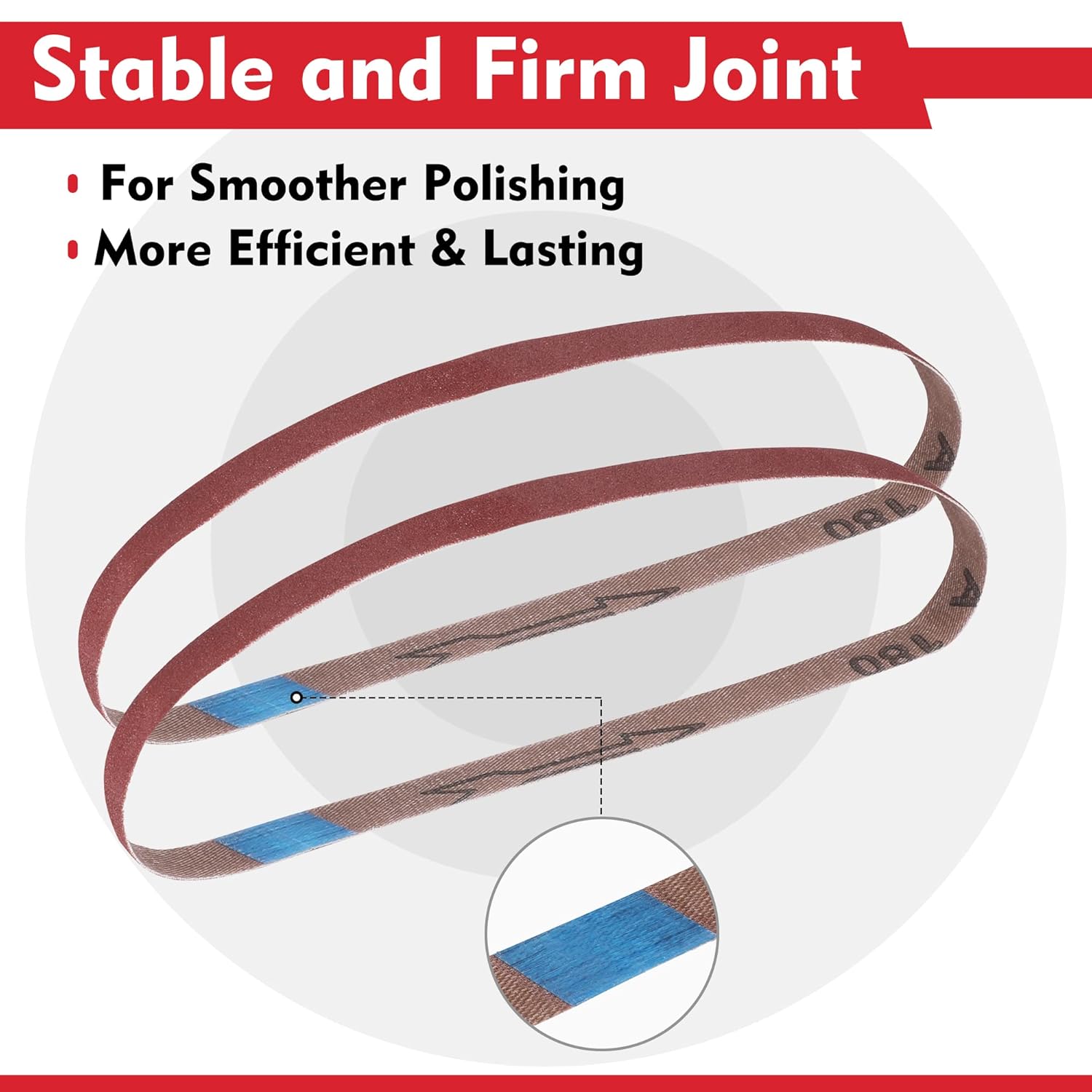 Red sanding belt loop with blue detail stripe, showing a stable continuous joint
