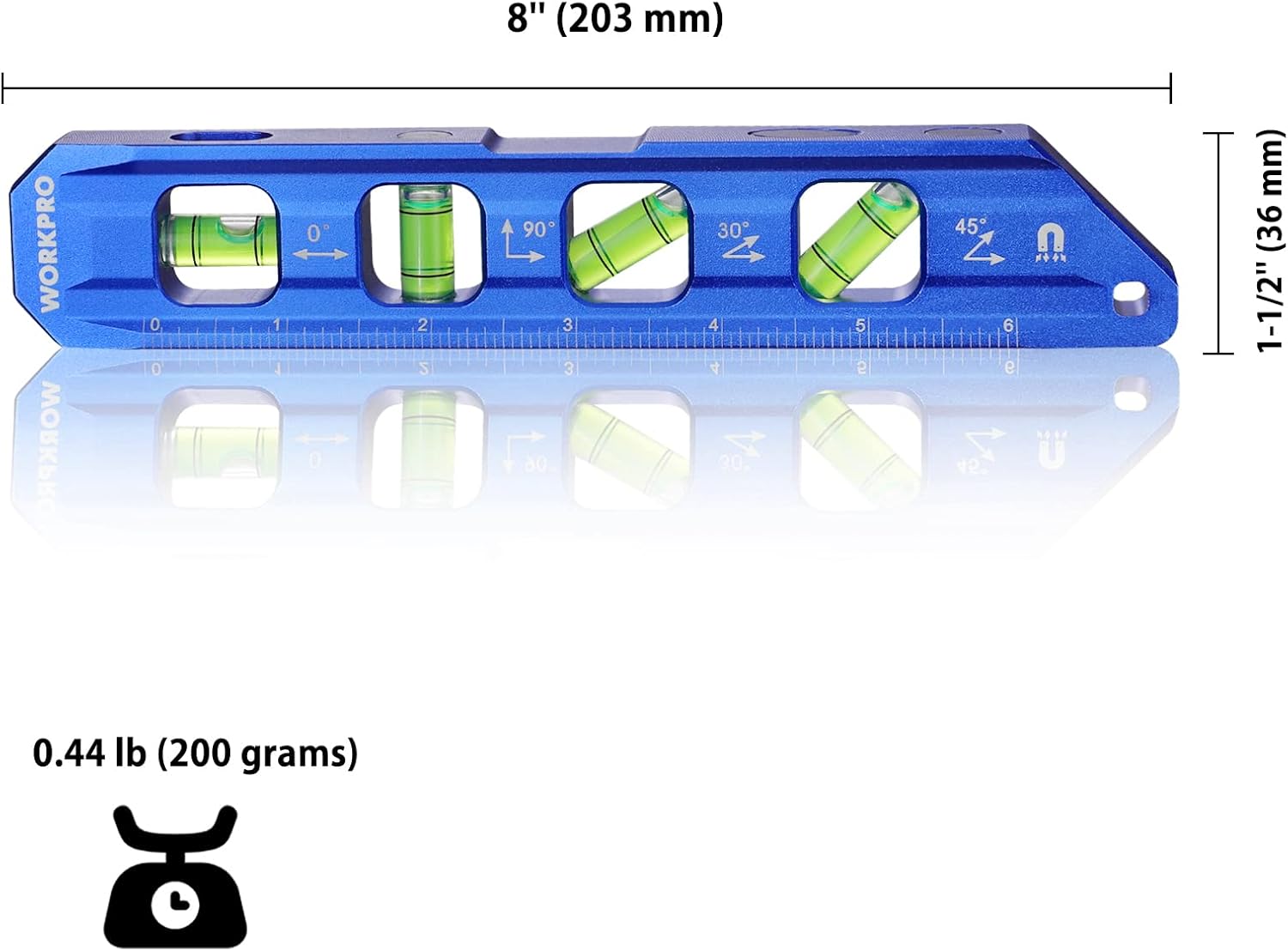 Cobalt blue torpedo level with four green bubble vials and 8 in length