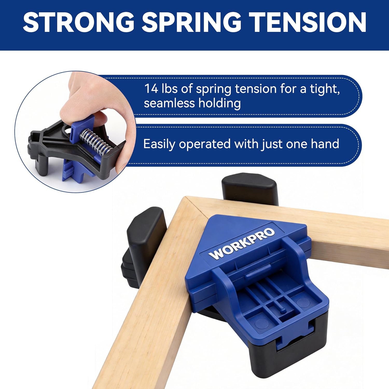 Blue spring-loaded corner clamp with black base for one-hand tight holding