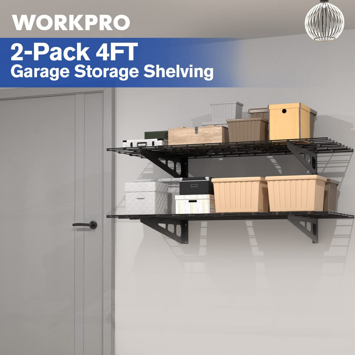 Black double-deck wall storage shelving with wire grids and side support frames