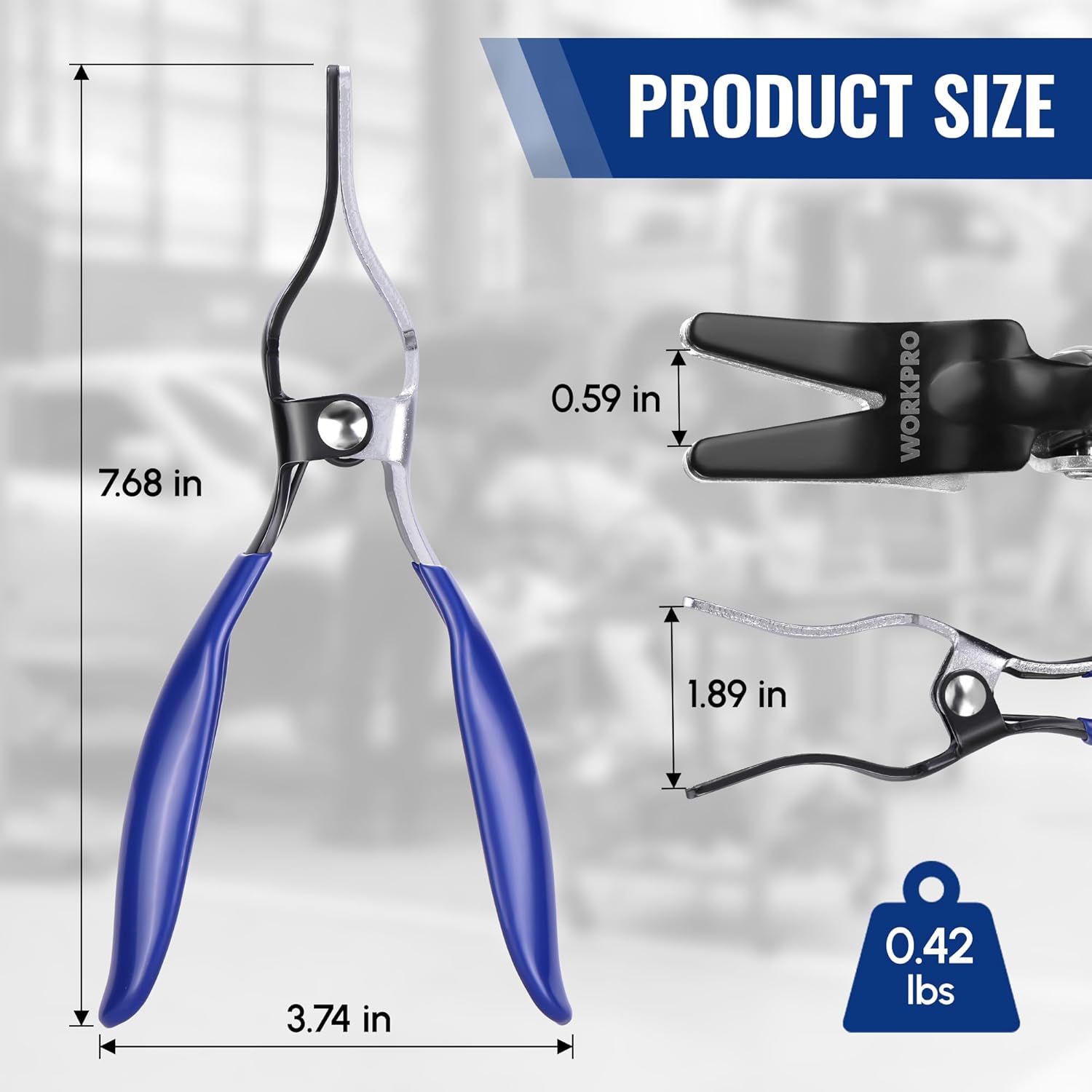 Blue and black hose removal pliers with spring-loaded jaws for gripping clamps