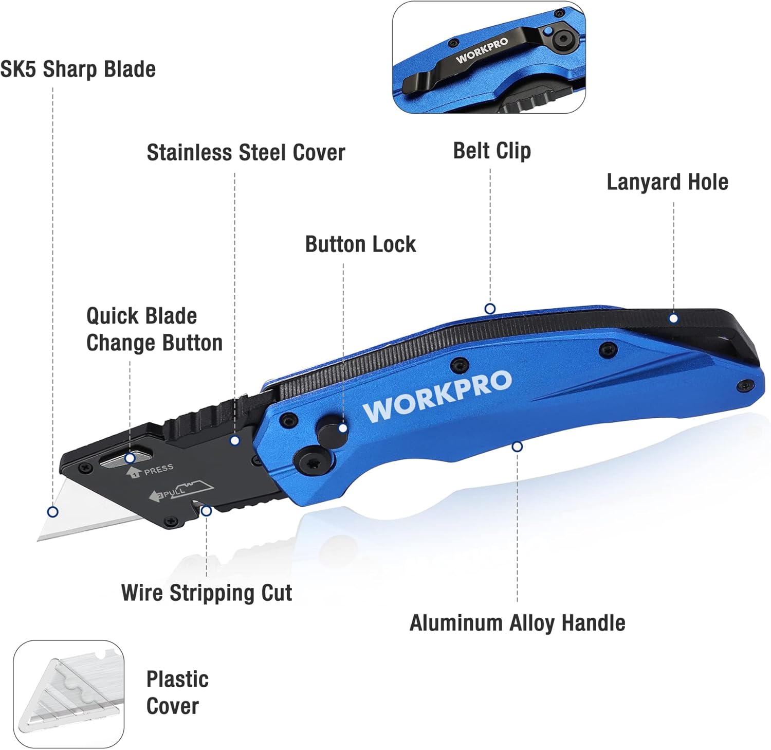 Blue folding utility knife with button lock, belt clip, and lanyard hole