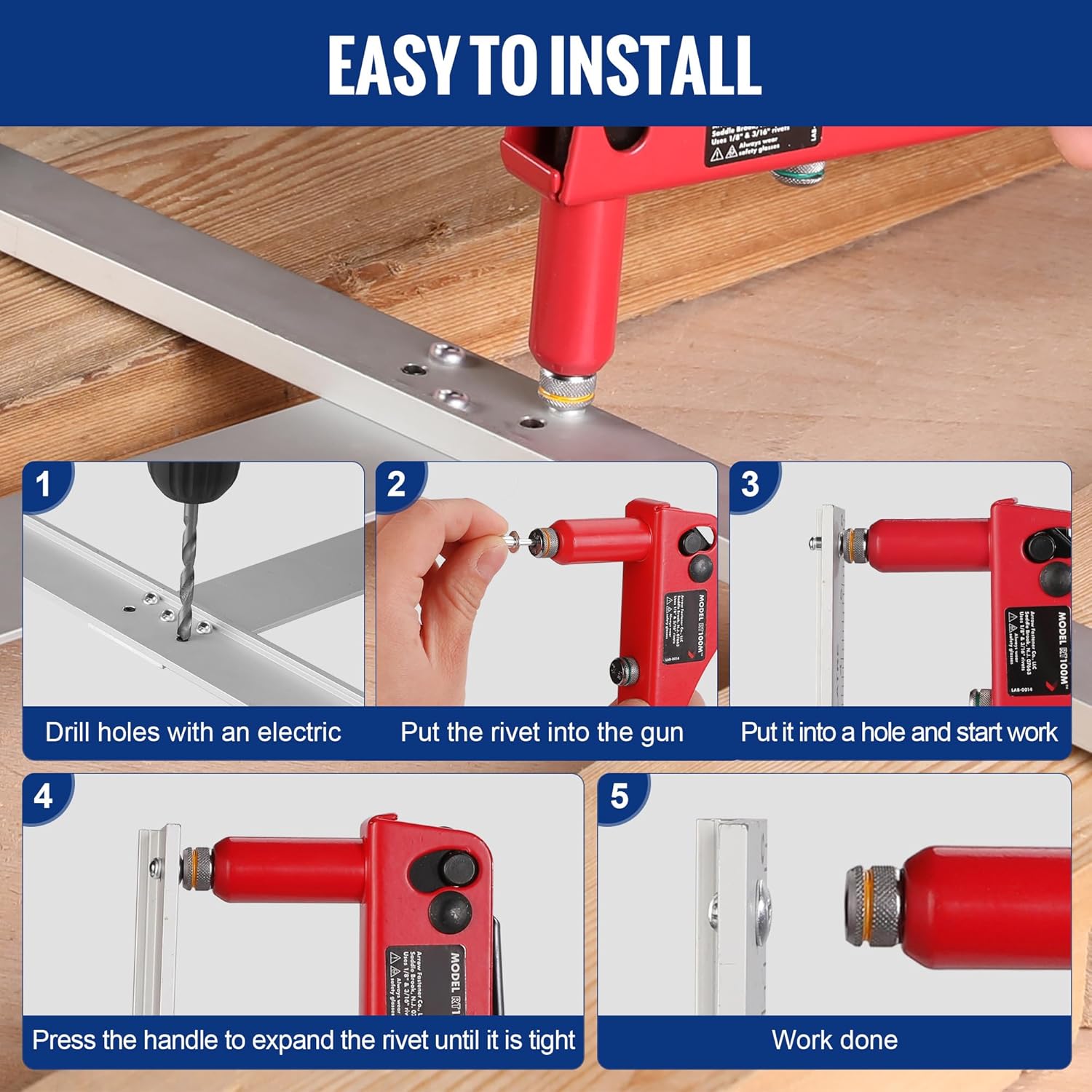 Aluminum blind rivets installed using a red pop rivet gun