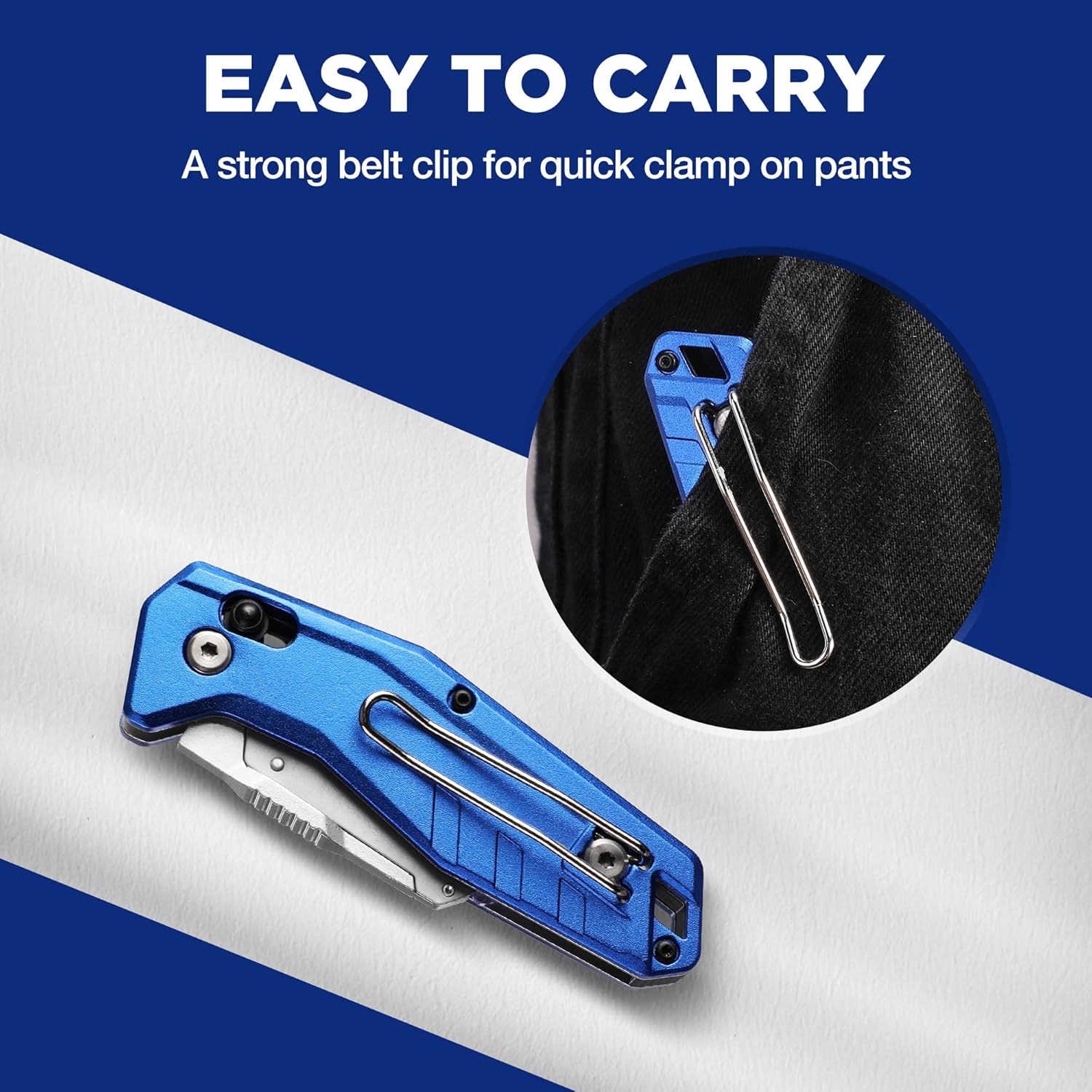 Folding utility knife with belt clip for easy carrying; blue handle with metal body