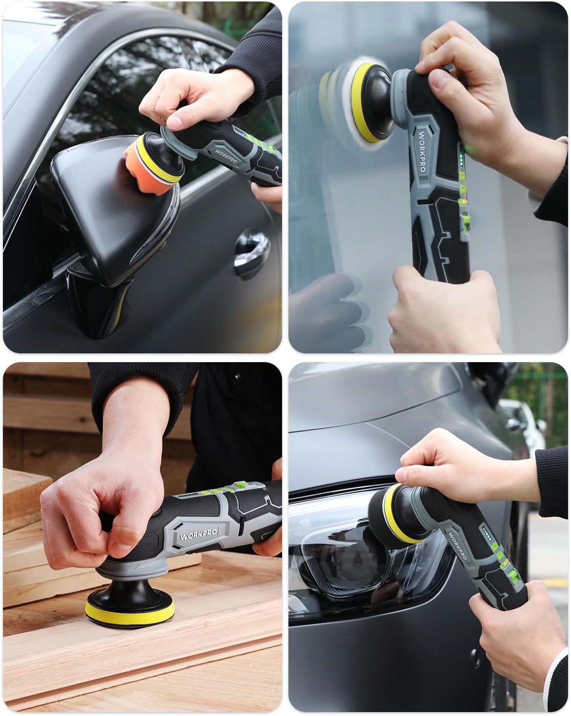 Handheld cordless buffer polisher in use on car surfaces with round polishing pad