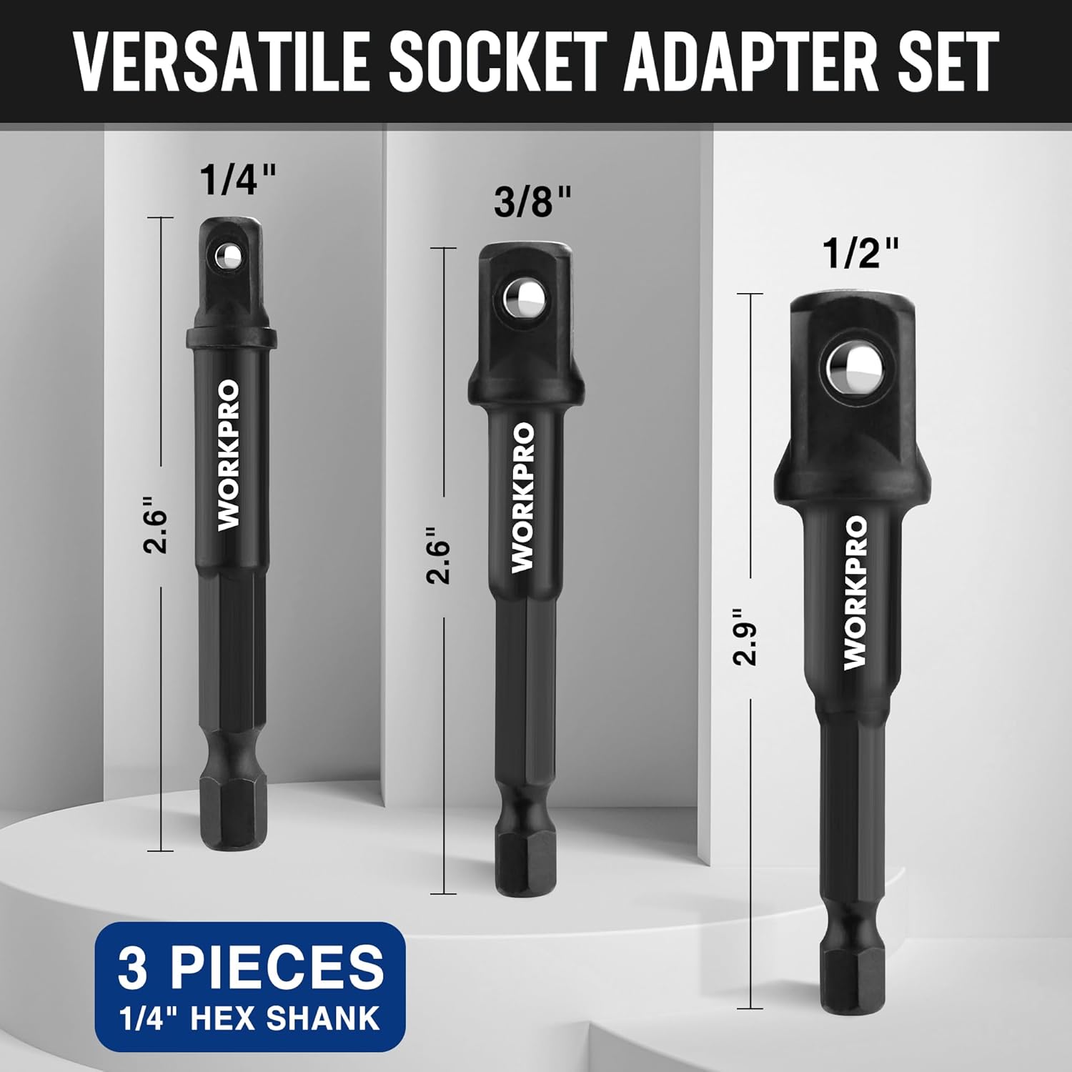 Socket adapter set with 1/4 in hex shank impact extensions, 3-piece black