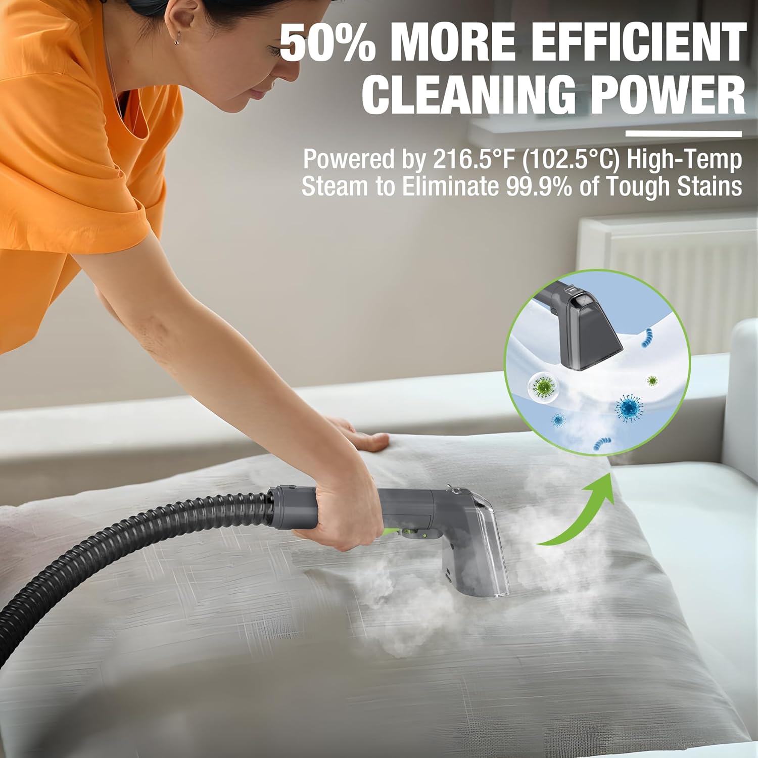Portable steam cleaner nozzle steaming a sofa cushion for stain removal