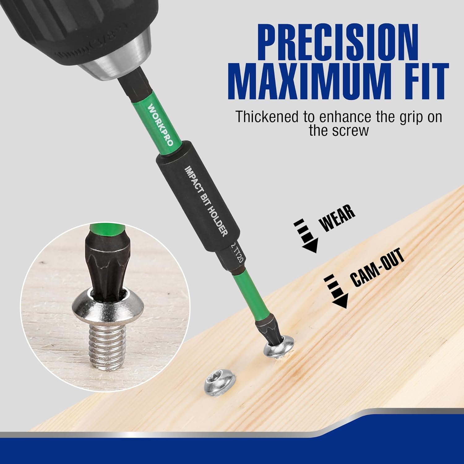 Precision security Torx bits with thin tips, black hex shanks, green bands
