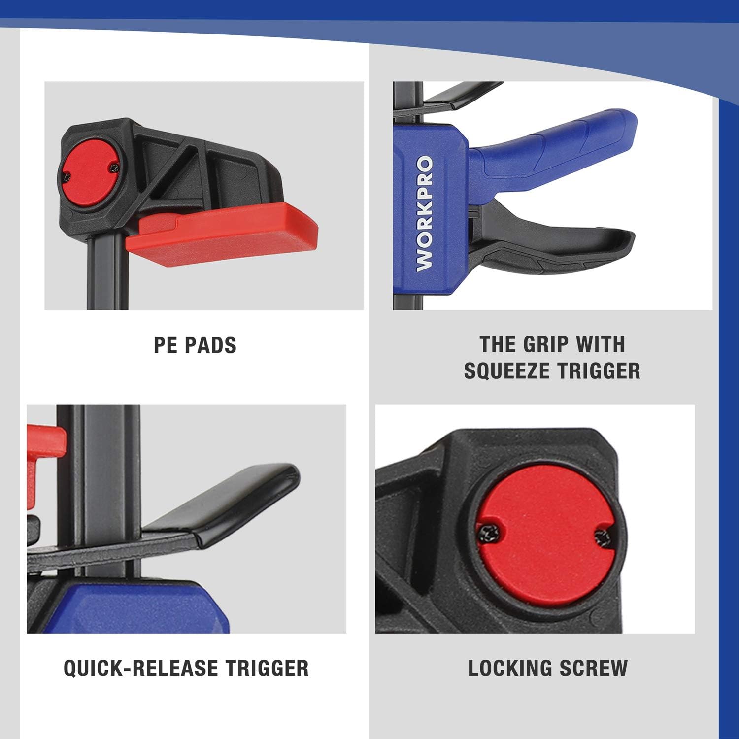WORKPRO F clamp feature view: PE pads, quick-release trigger, locking screw