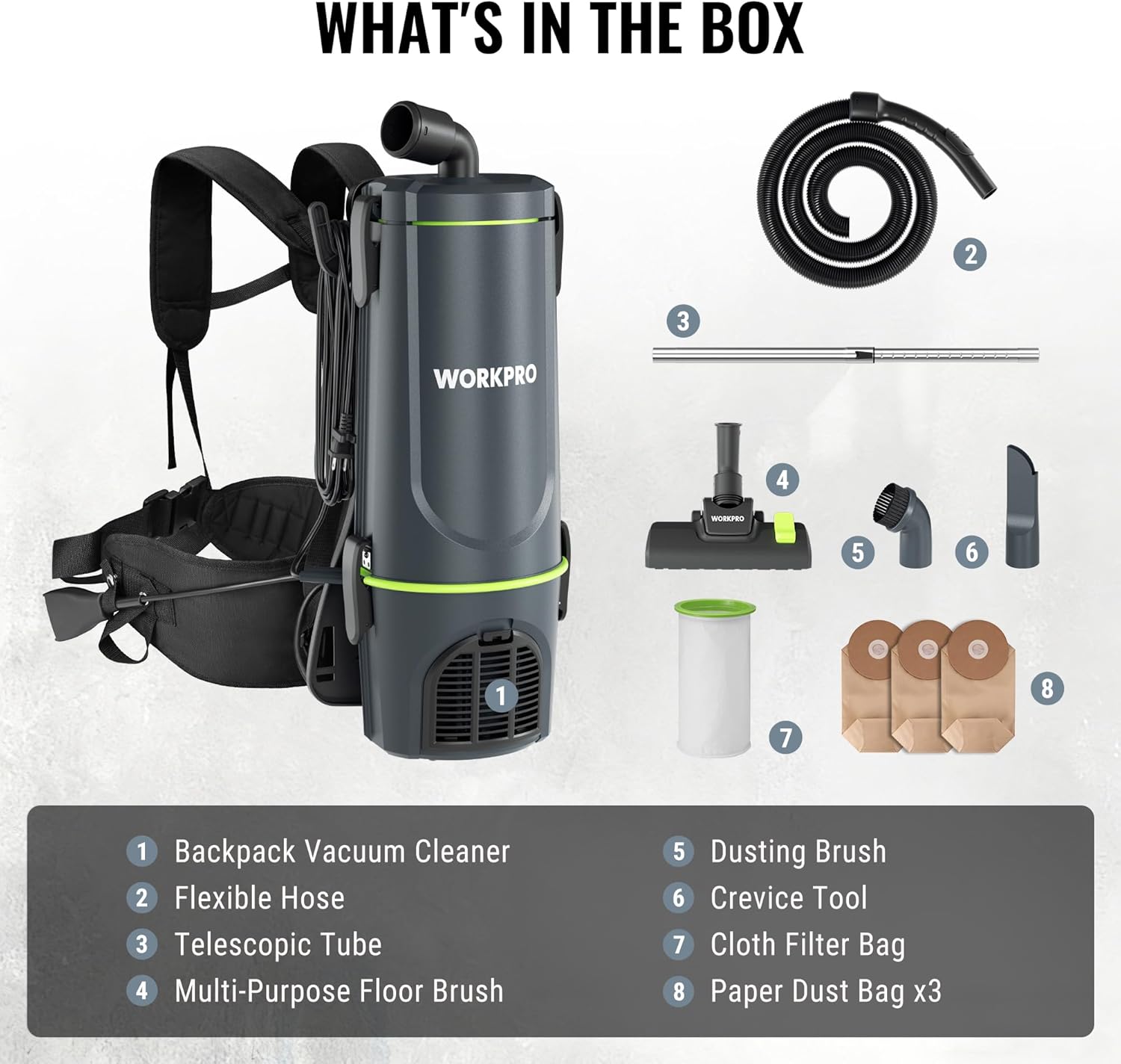 WORKPRO vacuum kit contents: backpack cleaner, flexible hose, telescopic tube, and floor brush.